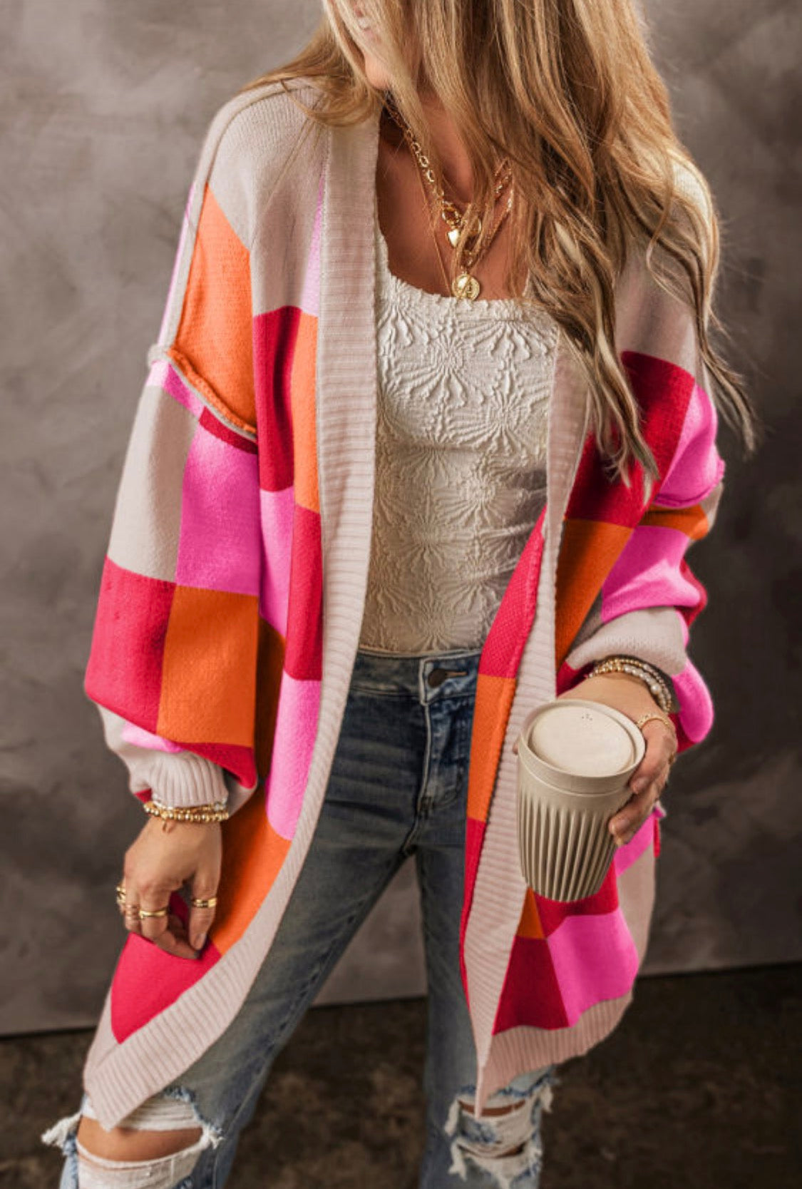 Exposed Seam Checkered Cardigan